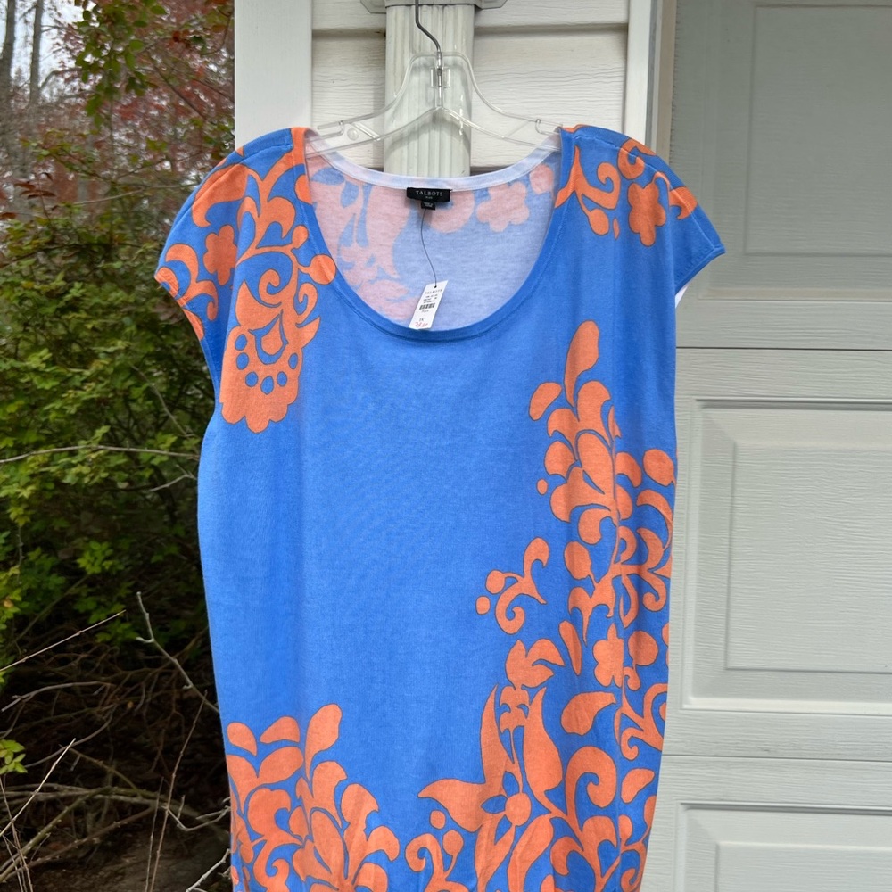 NWT Talbots Pretty Blue Orange Floral Scroll Scoop Neck Short Sleeve Sweater - Picture 3 of 4